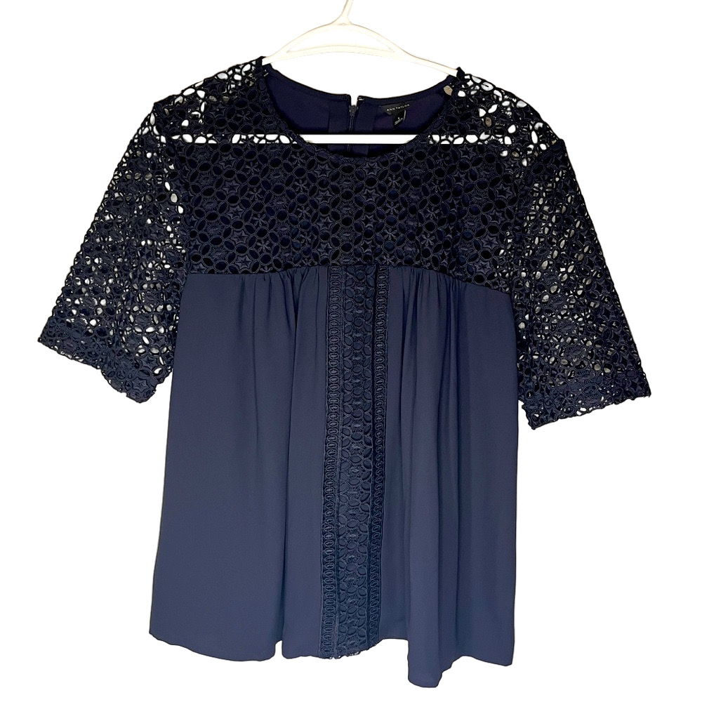 Ann Taylor Embellished Crochet Blouse 3/4 Sleeve L Navy Feminine Evening
